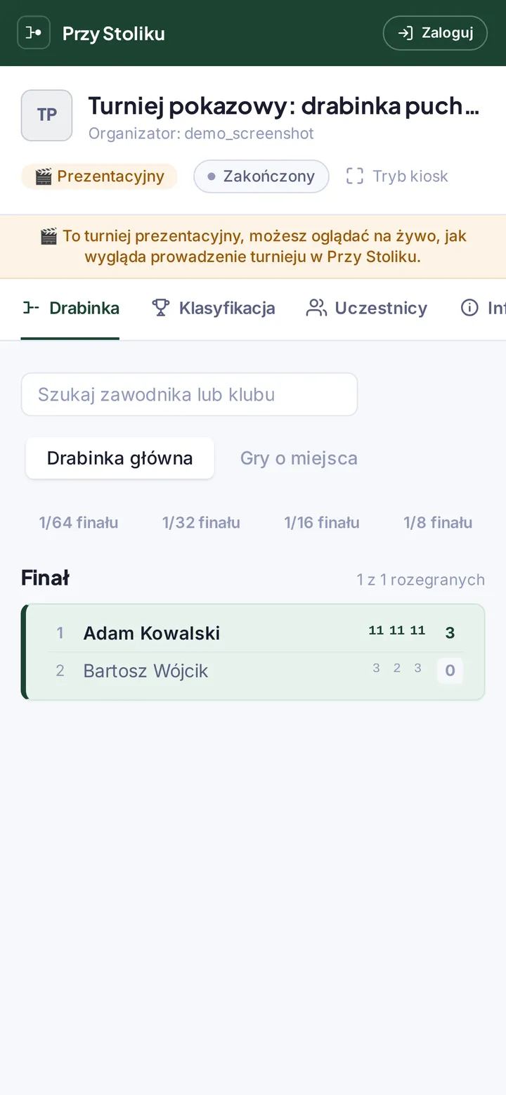 Podgląd drabinki turniejowej w aplikacji Przy Stoliku