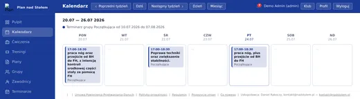 Widok kalendarza treningów w PNS