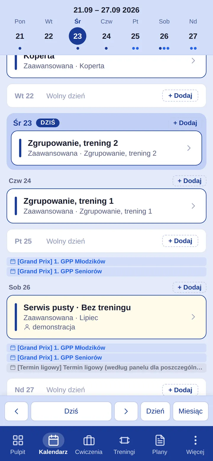 Widok kalendarza treningów w PNS