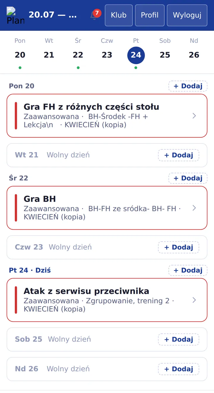 Widok kalendarza treningów w PNS
