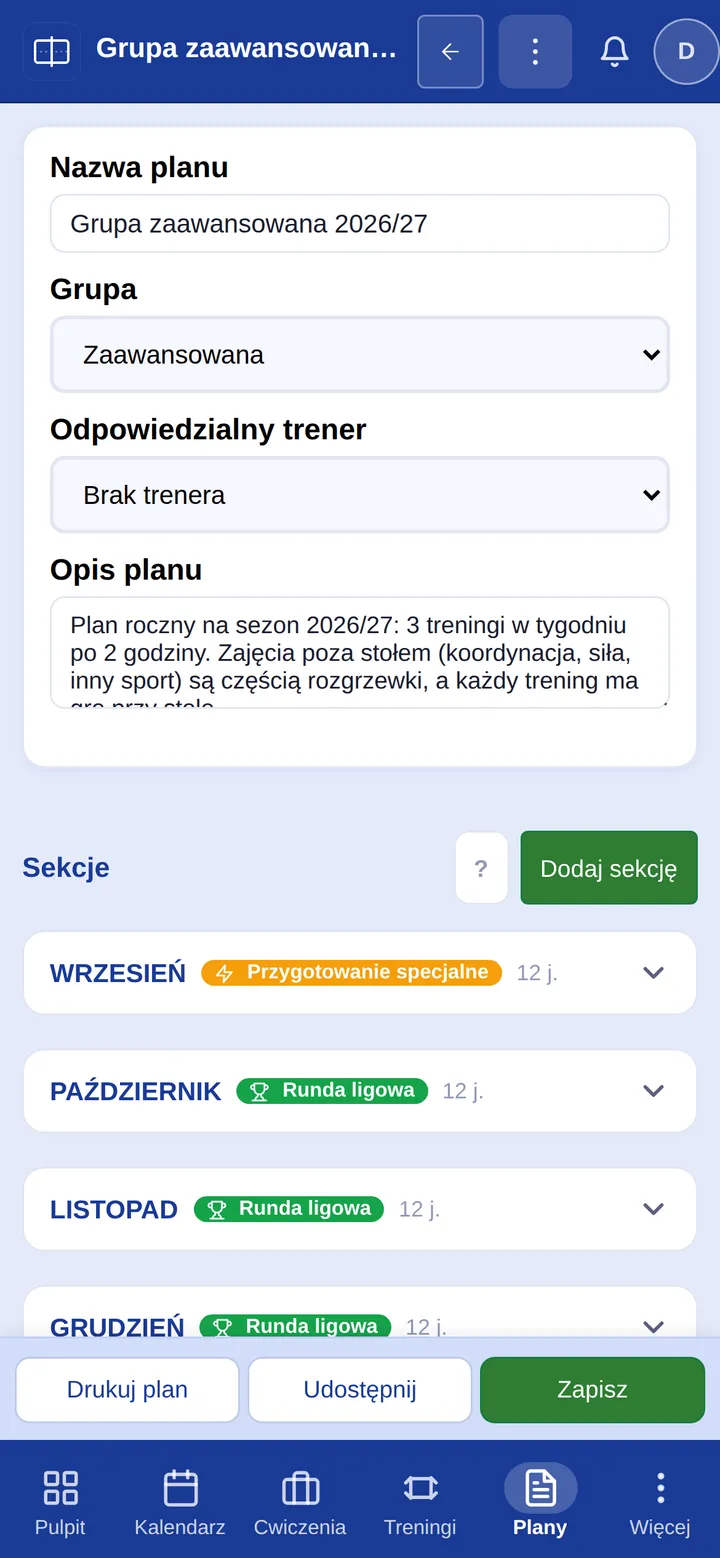 Widok planu treningowego w PNS z sekcjami i jednostkami