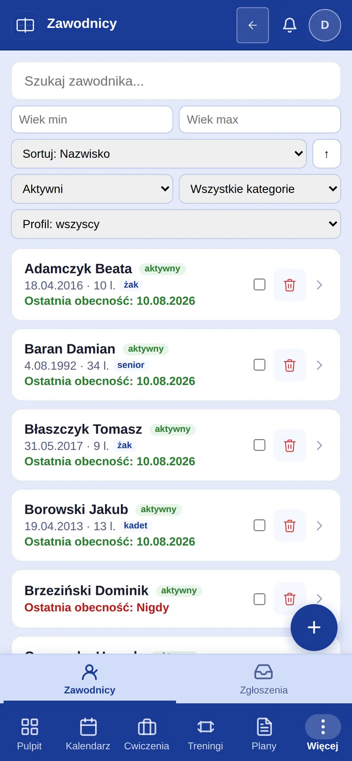 Tabela zawodników w PNS z kolumnami wieku, statusu i widoczności publicznej