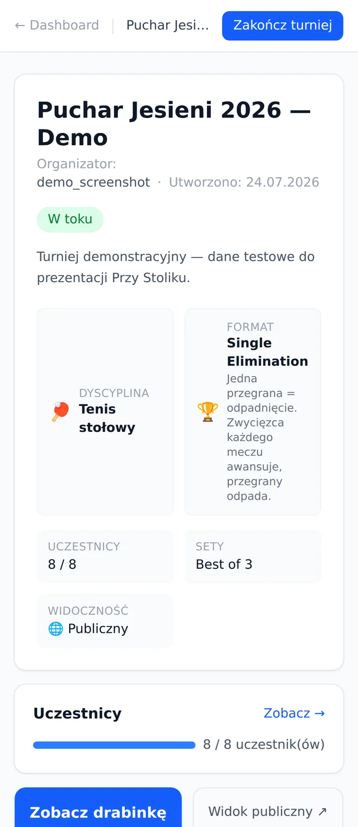 Panel przeglądu turnieju z formatem, liczbą uczestników i szybkimi akcjami